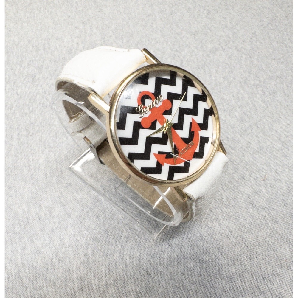 Geneva Platinum Watch Womens‎ Pink Anchor White Leather Band Nautical Chevron